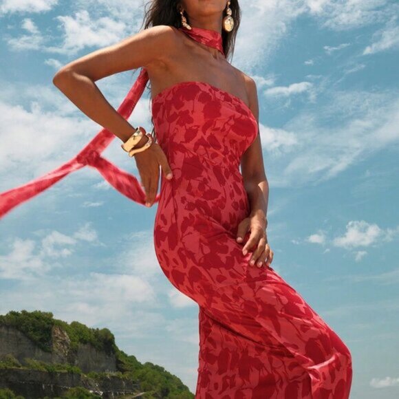 Red Casual Women's Beach Fairycore Wedding Party Elegant Knitted Mesh Print Form - Picture 5 of 8